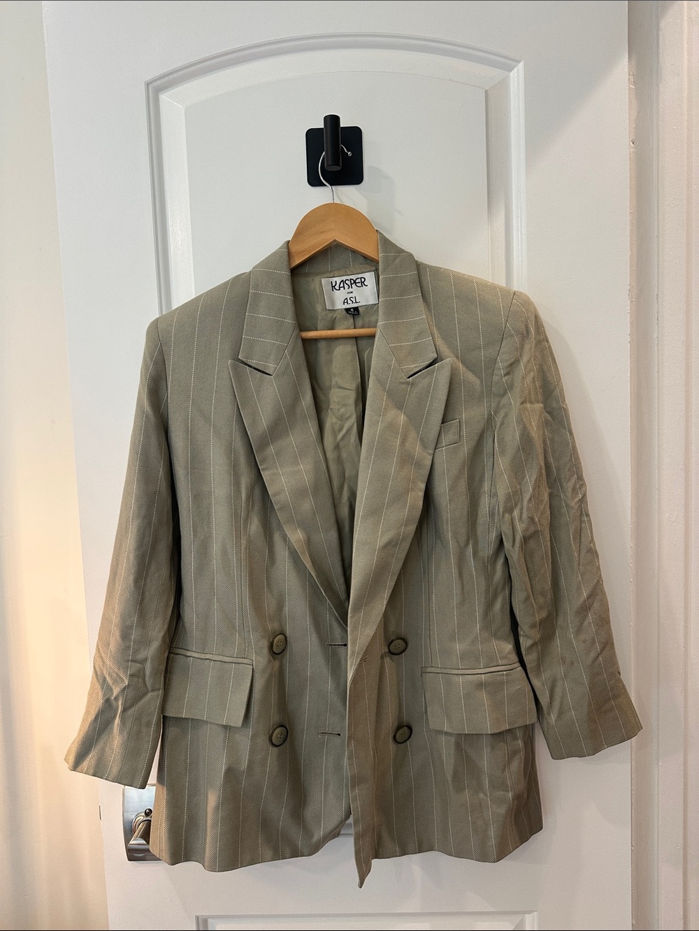 Vintage Kasper Double-Breasted Pinstripe Blazer in Sage Green
